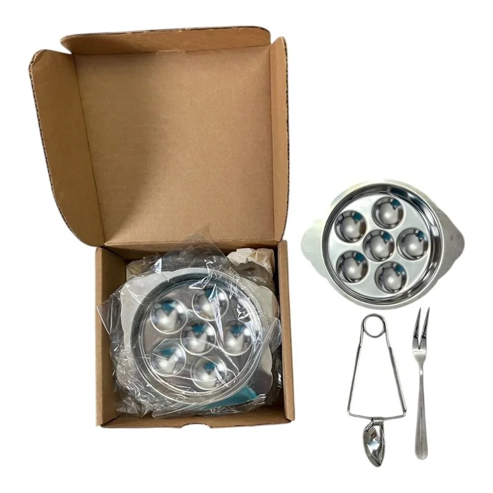 Escargot Snail Dish Stainless Steel 6 Well Pan Set of 4 With Tongs Fork Boxed